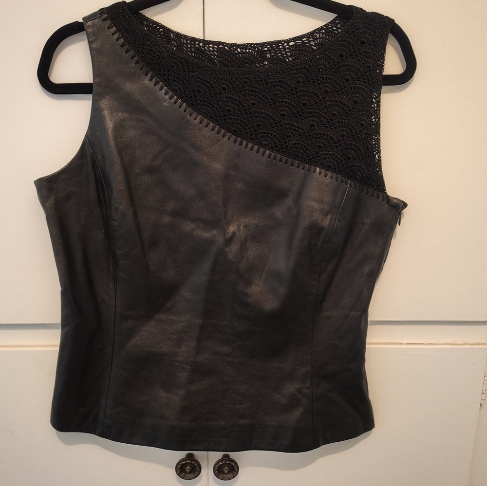 Dana Buchman Black Genuine Leather Tank Top with Crochet